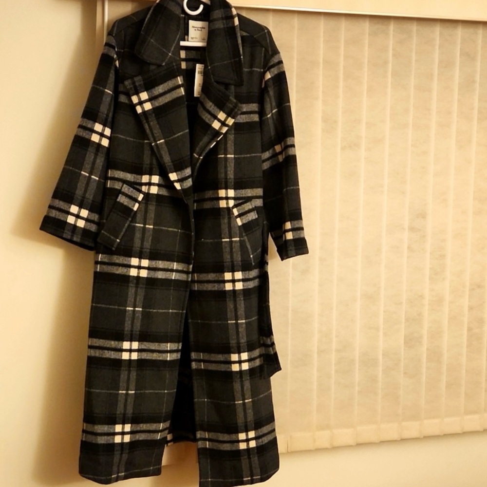 Plaid wool belted wrap long coat